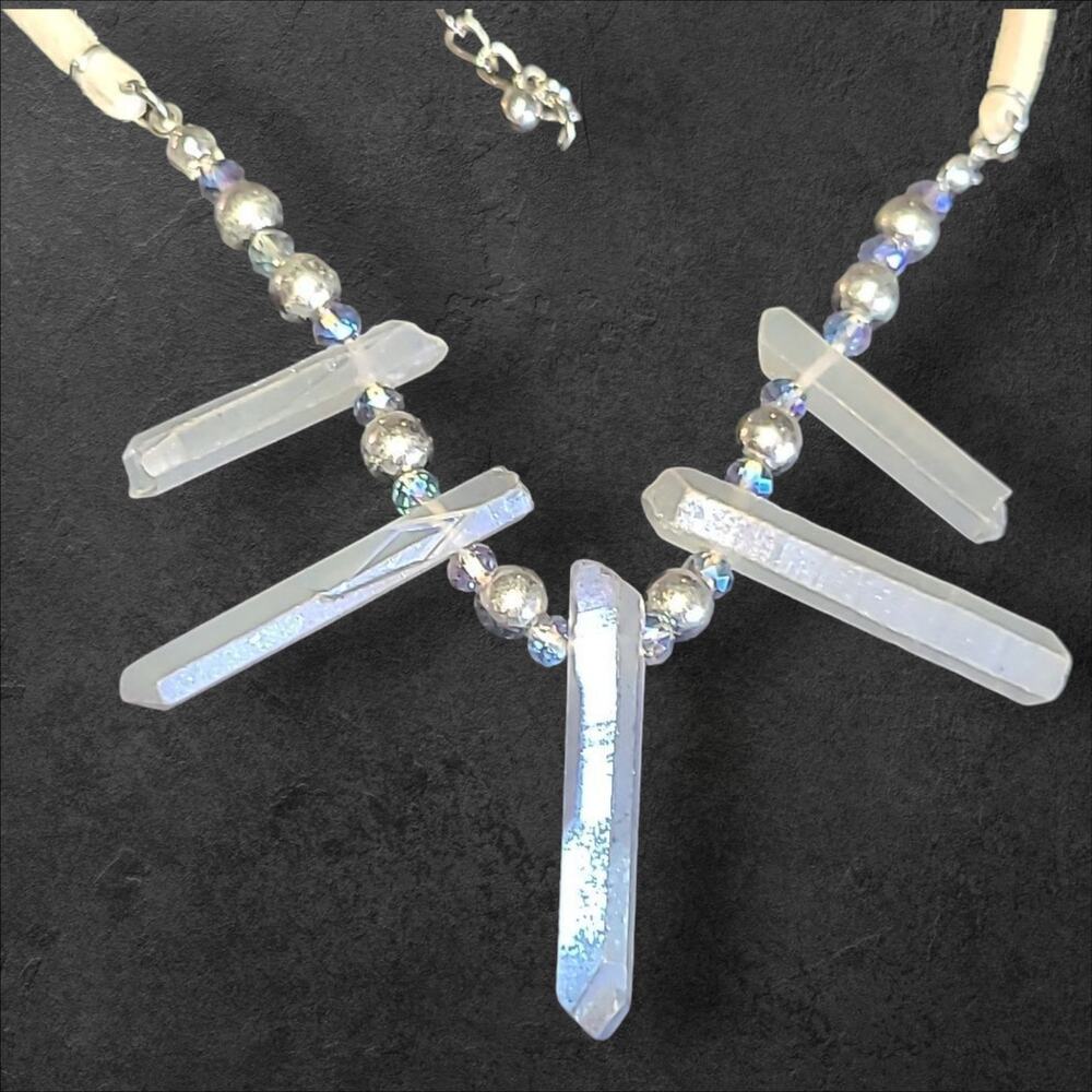 Blue Crystals Beige Faux Leather Statement Necklace 16"-18"‎